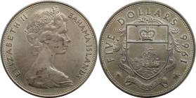 Weltmünzen und Medaillen, Bahamas. Elizabeth II. 5 Dollars 1966. 42,12 g. 0.925 Silber. 1.25 OZ. KM 10. Fast Stempelglanz. Kl.Flecken