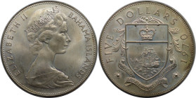 Weltmünzen und Medaillen, Bahamas. Elizabeth II. 5 Dollars 1970. 42,12 g. 0.925 Silber. 1.25 OZ. KM 10. Fast Stempelglanz. Kl.Flecken