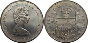 Weltmünzen und Medaillen, Bahamas. Elizabeth II. 5 Dollars 1971. 42,12 g. 0.925 Silber. 1.25 OZ. KM 24. Fast Stempelglanz. Kl.Flecken
