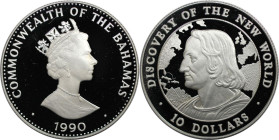 Weltmünzen und Medaillen, Bahamas. Kolumbus. 10 Dollars 1990. 28,28 g. 0.925 Silber. 0.84 OZ. KM 133. Polierte Platte