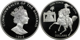 Weltmünzen und Medaillen, Bahamas. Juan Ponce De Leon. 5 Dollars 1994. 31,47 g. 0.925 Silber. 0.94 OZ. KM 173. Polierte Platte