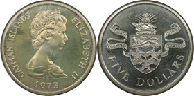 Weltmünzen und Medaillen, Cayman Islands. Elizabeth II. 5 Dollars 1973. 35,50 g. 0.925 Silber. 1.0557 OZ. KM 8. Polierte Platte