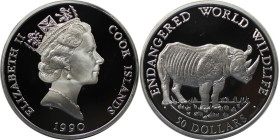 Weltmünzen und Medaillen, Cookinseln / Cook Islands. Gefährdete Weltwildleben-Reihe - Spitzmaulnashorn. 50 Dollars 1990. 19,40 g. 0.925 Silber. 0.58 O...