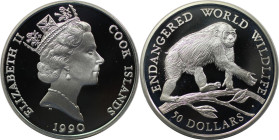 Weltmünzen und Medaillen, Cookinseln / Cook Islands. Gefährdete Weltwildleben-Reihe - Schimpanse. 50 Dollars 1990. 19,20 g. 0.925 Silber. 0.58 OZ. KM ...