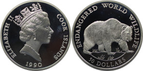 Weltmünzen und Medaillen, Cookinseln / Cook Islands. Gefährdete Weltwildleben-Reihe - Grizzly. 50 Dollars 1990. 19,40 g. 0.925 Silber. 0.58 OZ. KM 52....