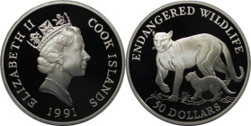 Weltmünzen und Medaillen, Cookinseln / Cook Islands. Gefährdete Weltwildleben-Reihe - Puma. 50 Dollars 1991. 19,20 g. 0.925 Silber. 0.58 OZ. KM 125. P...
