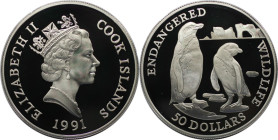 Weltmünzen und Medaillen, Cookinseln / Cook Islands. Gefährdete Weltwildleben-Reihe - Brillenpinguin. 50 Dollars 1991. 19,20 g. 0.925 Silber. 0.58 OZ....