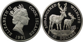 Weltmünzen und Medaillen, Cookinseln / Cook Islands. Gefährdete Weltwildleben-Reihe - Damhirsch. 50 Dollars 1991. 19,20 g. 0.925 Silber. 0.58 OZ. KM 1...
