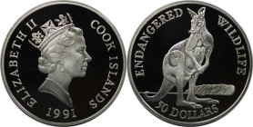 Weltmünzen und Medaillen, Cookinseln / Cook Islands. Gefährdete Weltwildleben-Reihe - Riesenkänguruh. 50 Dollars 1991. 19,20 g. 0.925 Silber. 0.58 OZ....