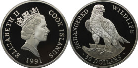 Weltmünzen und Medaillen, Cookinseln / Cook Islands. Gefährdete Weltwildleben-Reihe - Wanderfalke. 50 Dollars 1991. 19,20 g. 0.925 Silber. 0.58 OZ. KM...