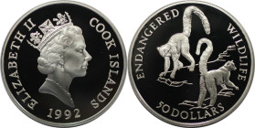 Weltmünzen und Medaillen, Cookinseln / Cook Islands. Gefährdete Weltwildleben-Reihe - 2 Kattas / Halbaffen. 50 Dollars 1992. 19,20 g. 0.925 Silber. 0....