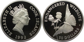 Weltmünzen und Medaillen, Cookinseln / Cook Islands. Gefährdete Weltwildleben-Reihe - Limenitis archippus. 50 Dollars 1992. 19,20 g. 0.925 Silber. 0.5...