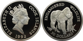Weltmünzen und Medaillen, Cookinseln / Cook Islands. Gefährdete Wildtiere - Gorilla. 50 Dollars 1992. 19,20 g. 0.925 Silber. 0.57 OZ. KM 264. Polierte...