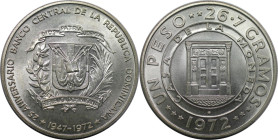 Weltmünzen und Medaillen, Dominikanische Republik / Dominican Republic. 25. Jahrestag - Zentralbank. 1 Peso 1972. 26,7 g. 0.900 Silber. 0.77 OZ. KM 34...