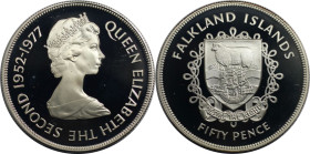 Weltmünzen und Medaillen, Falklandinseln / Falkland islands. 25. Jahrestag der Thronbesteigung von Königin Elizabeth II. 50 Pence 1977. 28,28 g. 0,925...