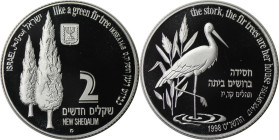 Weltmünzen und Medaillen, Israel. Storch. 2 New Sheqalim 1998. 28,80 g. 0.925 Silber. 0.86 OZ. KM 322. Polierte Platte