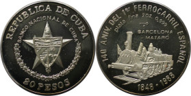 Weltmünzen und Medaillen, Kuba / Cuba. 140 Jahre Eisenbahnlinie Barcelona-Mataro. 20 Pesos 1988. 62,2 g. 0.999 Silber. 2 OZ. KM 233. Polierte Platte. ...