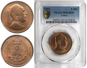Weltmünzen und Medaillen, Libyen / Libya. Idris I. (1951-1969). 5 Milliemes 1952. Bronze. KM 3. PCGS MS 64 RD