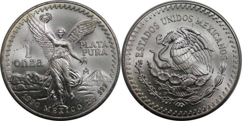 Weltmünzen und Medaillen, Mexiko / Mexico. 1 Onza 1990. 31,10 g. 0.999 Silber. 1...