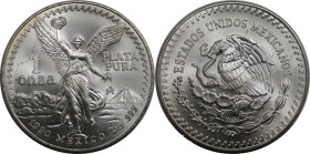 Weltmünzen und Medaillen, Mexiko / Mexico. 1 Onza 1990. 31,10 g. 0.999 Silber. 1 OZ. KM 494. Fast Stempelglanz. Kl.Kratzer