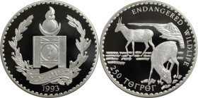 Weltmünzen und Medaillen, Mongolei / Mongolia. Gefährdete Weltwildleben-Reihe - Saiga Antilope. 250 Tögrög 1993. 31,47 g. 0.925 Silber. 0.94 OZ. KM 11...