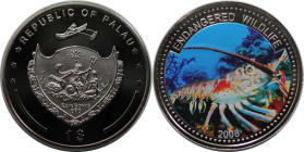 Weltmünzen und Medaillen, Palau. Gefährdete Tierwelt - Hummer. 1 Dollar 2008. Kupfer-Nickel. KM 167. Polierte Platte, Farbmünze