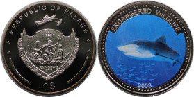 Weltmünzen und Medaillen, Palau. Gefährdete Tierwelt - Blauhai. 1 Dollar 2008. Kupfer-Nickel. KM UC# 201. Polierte Platte, Farbmünze