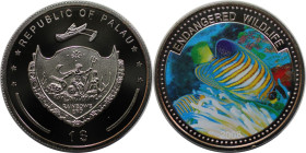Weltmünzen und Medaillen, Palau. Gefährdete Tierwelt - Pfauenkaiserfisch. 1 Dollar 2008. Kupfer-Nickel. KM 166. Polierte Platte, Farbmünze