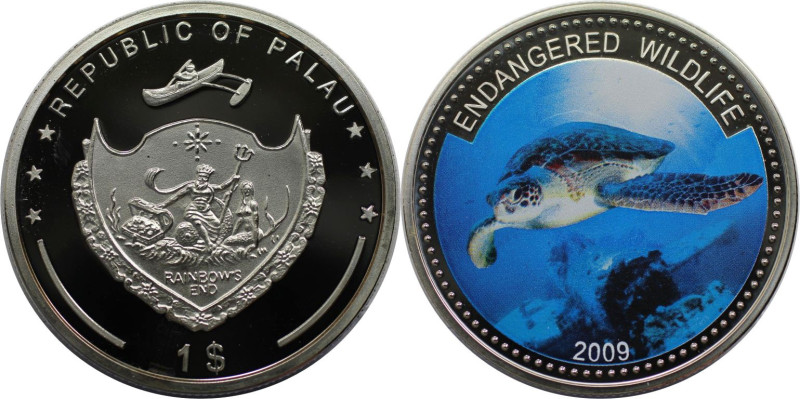 Weltmünzen und Medaillen, Palau. Gefährdete Tierwelt - Echte Karettschildkröte. ...