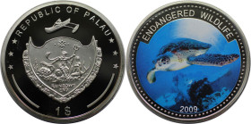 Weltmünzen und Medaillen, Palau. Gefährdete Tierwelt - Echte Karettschildkröte. 1 Dollar 2009. Kupfer-Nickel. KM 284. Polierte Platte, Farbmünze