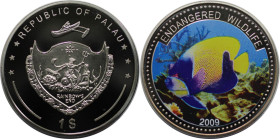 Weltmünzen und Medaillen, Palau. Gefährdete Tierwelt - Kaiserfisch. 1 Dollar 2009. Kupfer-Nickel. KM 283. Polierte Platte, Farbmünze