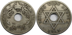 Weltmünzen und Medaillen, Westafrika / Western African. Britisch Westafrika. George V. 1 Penny 1913. Kupfer-Nickel. KM 9. Sehr schön-vorzüglich