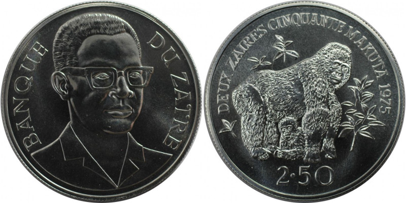 Weltmünzen und Medaillen, Zaire. Rettet die Tierwelt: Gorilla. 2-1/2 Zaires 1975...