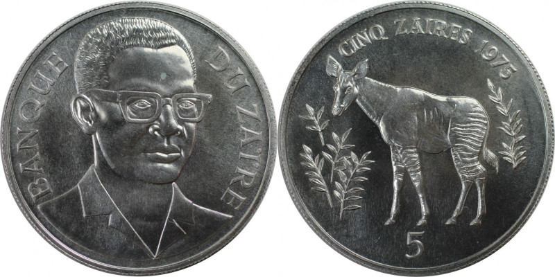 Weltmünzen und Medaillen, Zaire. Rettet die Tierwelt: Okapi. 5 Zaires 1975. 35,0...