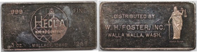 Medaillen und Jetons, Silberbarren / Silver Bar. Hecla Mining Company. Wallace, Idaho. 1968. W. H. Foster, Inc. Walla Walla, Wash. 3 OZ .999 Silber