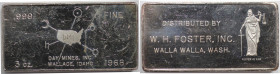 Medaillen und Jetons, Silberbarren / Silver Bar. Day Mines, Inc. Wallace, Idaho. 1968. W. H. Foster, Inc. Walla Walla, Wash. 3 OZ .999 Silber