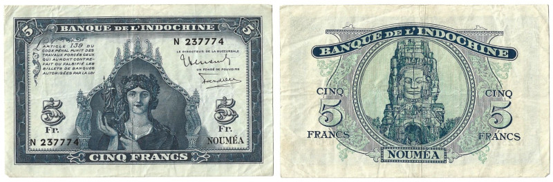 Banknoten, Neukaledonien / New Caledonia. Banque de l'Indochine. NOUMEA. 5 Franc...