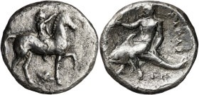 (332-302 a.C.). Italia. Taras. Tridracma. (S. falta) (CNG. I, 809). 7,14 g. MBC.