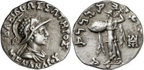 Reinos de Bactria e Indogriegos. Menandro I (155-130 a.C.). Dracma. (S. 7601 var) (CNG. XII, 193). 2,43 g. EBC-.