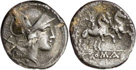 (después 211 a.C.). Anónima. Denario. (Bab. 2) (Craw. 53/2). Grieta. 3,41 g. (BC+).