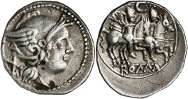 (209-208 a.C.). Anónima. Denario. (Bab. 32) (S. 32a) (Craw. 107/1b). Rayitas en reverso. 4,17 g. MBC.