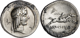 (hacia 67 a.C.). Gens Calpurnia. Denario. (Bab. 24) (S. 24g) (Craw. 408). Contramarcas en anverso. Par de símbolos nº 247 de Banti. Concreciones. 3,82...