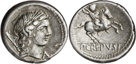 (hacia 82 a.C.). Gens Crepusia. Denario. (Bab. 1) (S. 1a) (Craw. 361/1b). 3,82 g. MBC+.