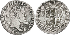 s/d. Carlos I. Nápoles. IBR. 1 tari. (Vti. 284) (MIR. 142). Busto laureado, roel debajo. Doble orla lineal en anverso. Rayitas. Escasa. 5,95 g. MBC-.