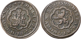 1599. Felipe III. Segovia. 4 maravedís. (AC. 248) (J.S. C-20). Rayita. Escasa. 5,62 g. MBC+.