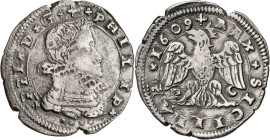 1609. Felipe III. Sicilia. 4 taris. (Vti. 125) (MIR. 346/1). 10,42 g. MBC-.