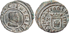 1663. Felipe IV. M (Madrid). S. 4 marvedís. (AC. 237) (J.S. M-454). Ligeramente descentrada. 1,20 g. MBC/MBC+.