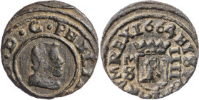 1664/3. Felipe IV. M (Madrid). S. 4 maravedís. (AC. 240) (J.S. M-455). Algo descentrada. Rara sobrefecha. 1 g. MBC/MBC+.