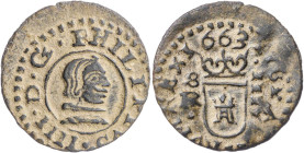 1663. Felipe IV. Sevilla. R. 4 maravedís. (AC. 268) (J.S. M-643). Defecto de cospell en reverso. 0,91 g. MBC+/MBC.