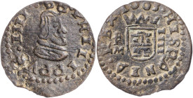 1663. Felipe IV. Trujillo. M. 4 maravedís. (AC. 284) (J.S. M-769 var). Ligeramente descentrada. 1,04 g. MBC/MBC+.